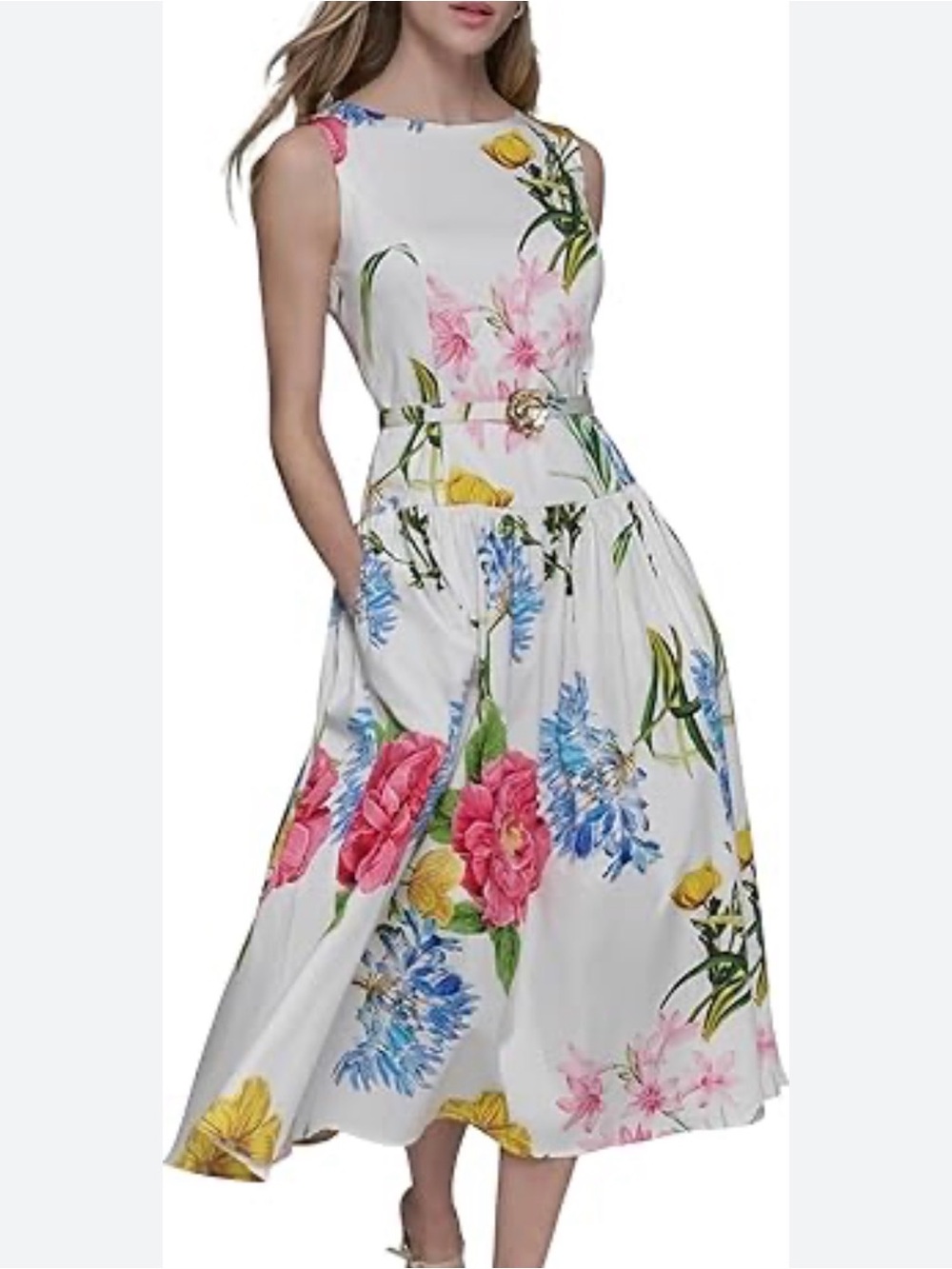 Karl Lagerfeld White Sleeveless Midi Dress with Pink, Blue & Yellow Floral Print